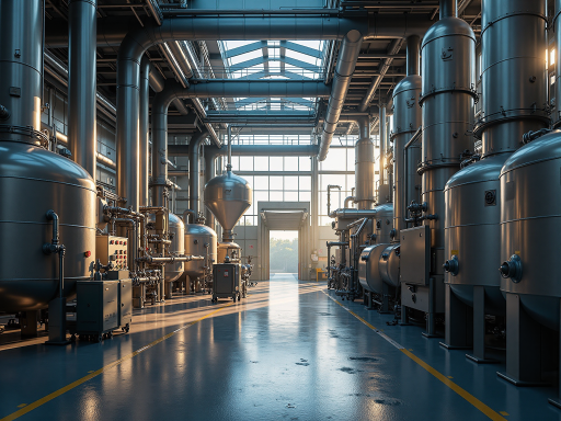 Industrial facility with blue background, modern equipment, bright natural light